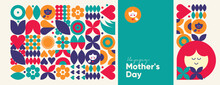 Mom's Day. Women's Day. Vector Flat Illustration. Abstract Backgrounds, Patterns About Mothers Day. Hearts, Abstract Geometric Shapes. Perfect For Poster, Label, Banner, Invitation.