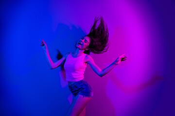 Sticker - Photo of adorable carefree lady closed eyes toothy smile enjoy free time disco isolated on gradient background