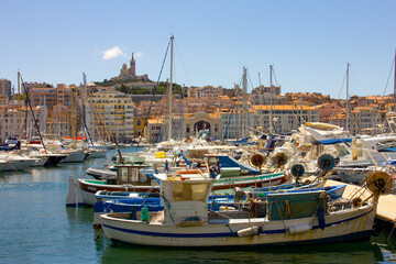 Sticker - View of Marseille's Vieux Port and Notre Dame de la Garde church, France