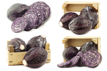 Wall Mural - freshly cut red cabbage in a wooden crate on a white background