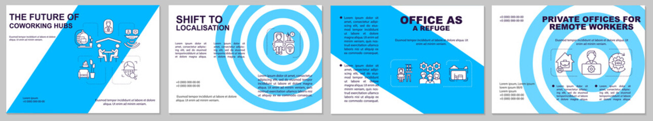 Coworking hubs future brochure template. Private offices renting. Flyer, booklet, leaflet print, cover design with linear icons. Vector layouts for presentation, annual reports, advertisement pages