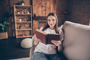 Sticker - Photo of young attractive girl happy positive smile sit couch home relax read book story novelty enjoy weekend