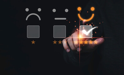 Poster - Customer satisfaction survey concept, Businessman touching smiley face icon with yellow five stars and correct mark to evaluate product and service.