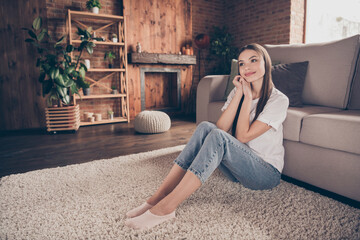 Poster - Full body profile side photo of young attractive woman happy positive smile sit floor home dream calm harmony enjoy free-time home