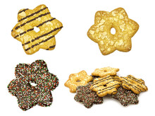 Bunch Of Mixed Colorful Christmas Almond Chip Cookies With Chocolate And Sprinkles On A White Background