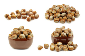 bunch of fresh hazelnuts and some in a brown bowl on a white background