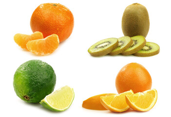 Wall Mural - Assortment of cut tropical fruit on a white background