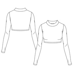 Wall Mural - Women Mock Neck Crop Top fashion flat sketch template. Girls Technical Fashion Illustration. Long Sleeves. stretch knit