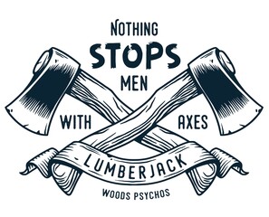 Wall Mural - Logo, emblem with sharp axe of lumberjack and axeman. Hatchet or ax for woodworker and logger. Chop tool for print design