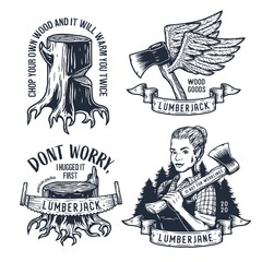 Wall Mural - Lumberjack woman with axe of carpenter. Set of prints for woodworker and logger. Monochrome axeman emblem