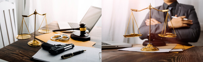 Justice and law concept.Male judge in a courtroom with the gavel, working with, computer and docking keyboard, eyeglasses, on table in morning light