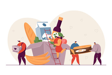 Wall Mural - Volunteers delivering groceries. Tiny charity people sharing food help boxes flat vector illustration. Humanitarian aid, social responsibility concept for banner, website design or landing web page