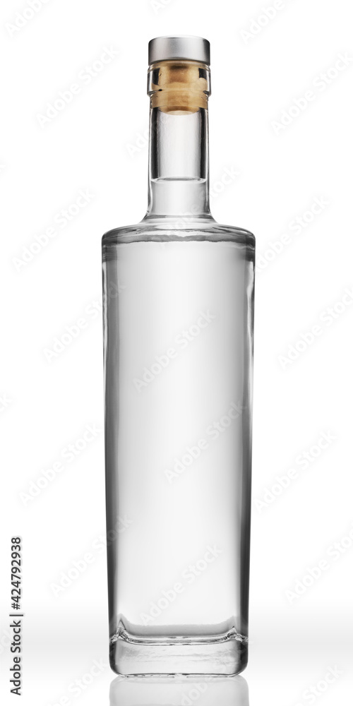 Bottle of transparent glass, with gin, tequila, rum or vodka, isolated on pure white background. - obrazy, fototapety, plakaty 