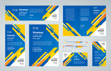 Wall Mural - Stripes theme blue and yellow Set flyer cover, tri-fold, banner, roll up banner, business card