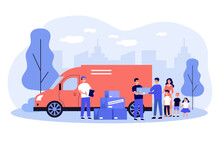 Team Of Volunteers Giving Help Boxes To Family. Governmental Help For Refugees Flat Vector Illustration. Humanitarian Aid, Material Assistance Concept For Banner, Website Design Or Landing Web Page