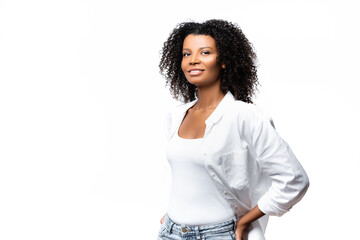 African american woman smiling at camera isolated on white