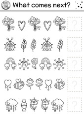 Wall Mural - What comes next. Mothers day black and white matching activity for preschool children with traditional holiday symbols and animals. Funny educational line coloring page. Continue the row game..