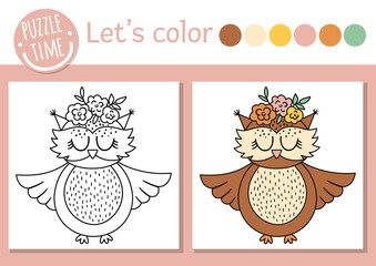 Wall Mural - Coloring page for children with owl. Funny bird picture. Vector forest outline illustration with cute animal with flowers on head. Adorable spring color book for kids with colored example.