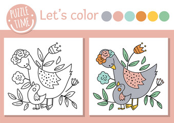 Wall Mural - Mothers day coloring page for children with baby goose and mother. Vector outline illustration showing family love. Adorable spring holiday color book for kids with colored example.