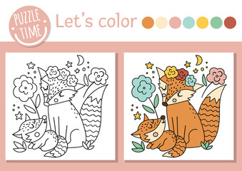 Wall Mural - Mothers day coloring page for children with baby fox and mother. Vector outline illustration showing family love. Adorable spring holiday color book for kids with colored example.