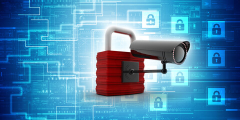 Poster - 3d rendering Surveillance CCTV Security Camera connected lock
    