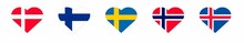 Set Of Flags In The Form Of Hearts Of The Scandinavian Countries. Vector Illustration.