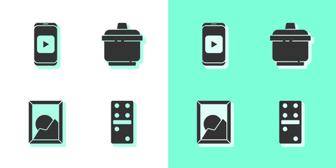 Sticker - Set Domino, Online play video, Picture landscape and Cooking pot icon. Vector