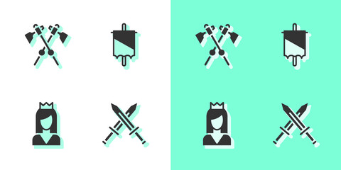 Poster - Set Crossed medieval sword, axes, Princess and Medieval flag icon. Vector