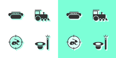 Sticker - Set Magic hat and wand, Hotdog, Hunt on rabbit with crosshairs and Toy train icon. Vector