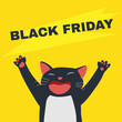 Black Friday poster sale for social media. Black joyful cat on a bright yellow background. Vector illustration for veterinary, pet food, grooming.