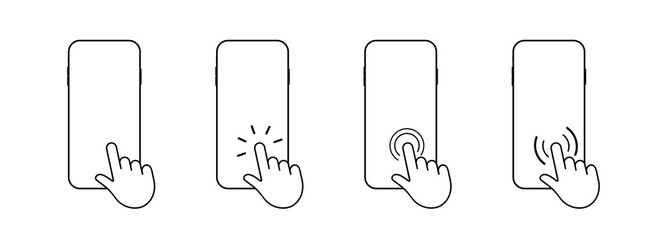 Hand touch screen smartphone icon. Click on the smartphone. Vector on white background.