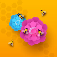 Wall Mural - Spring flower bee paper cut illustration concept