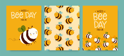 Wall Mural - World Bee Day cute funny cartoon card set