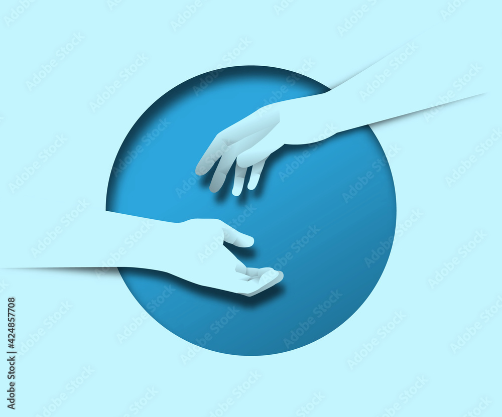 Two friend hand helping together paper cut concept - obrazy, fototapety, plakaty 