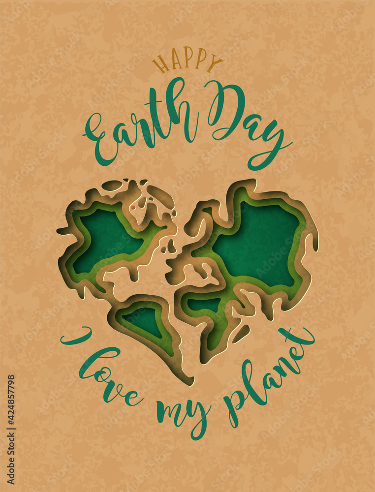 Earth Day paper cut 3D heart shape map card - obrazy, fototapety, plakaty 