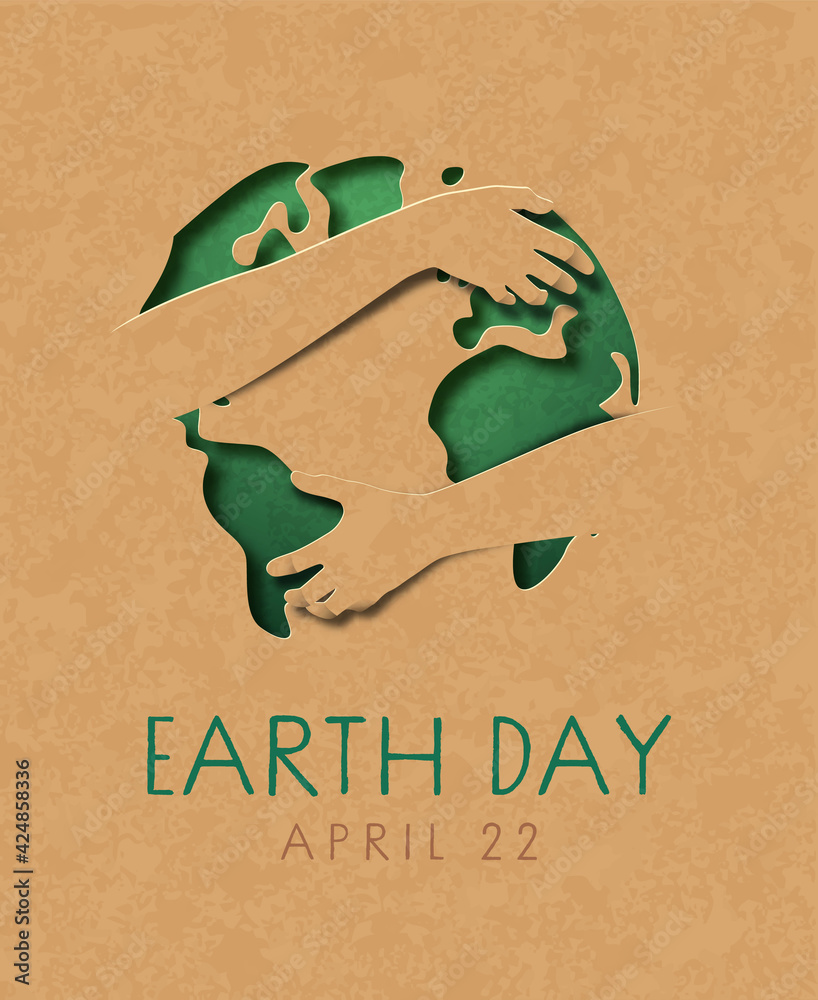 Earth day paper cut world map hug green card - obrazy, fototapety, plakaty 