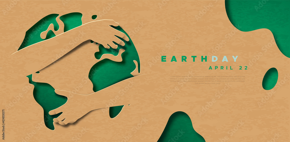 Earth Day green world map hug paper cut template - obrazy, fototapety, plakaty 