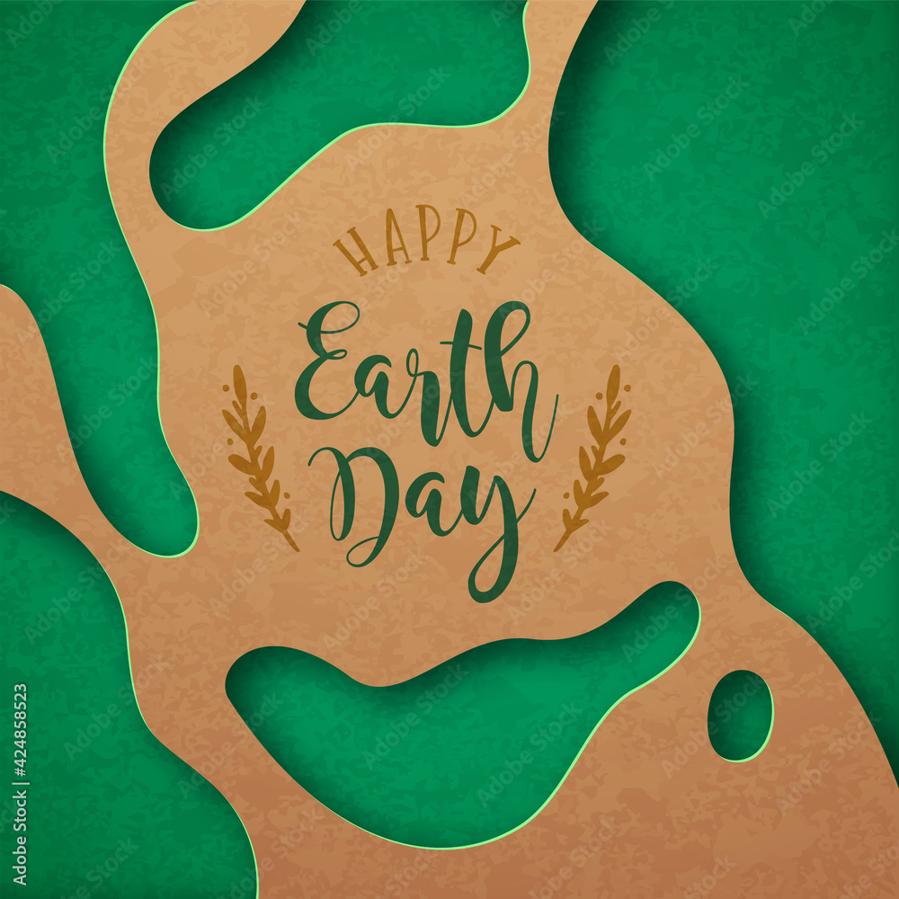 Earth Day green paper cut april 22 cutout card - obrazy, fototapety, plakaty 