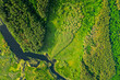Aerial View Of Summer River Landscape In Sunny Summer Day. Top View Of Beautiful European Nature From High Attitude In Summer Season.