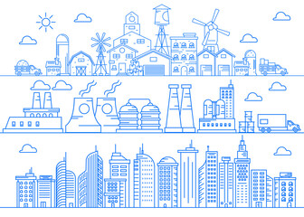 Wall Mural - Farm Production Industry City line art vector