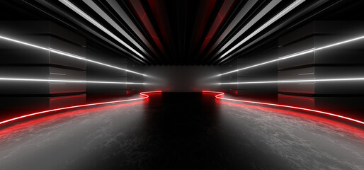 Fototapete - Sci Fy neon lamps in a dark tunnel. Reflections on the floor and walls. 3d rendering image.