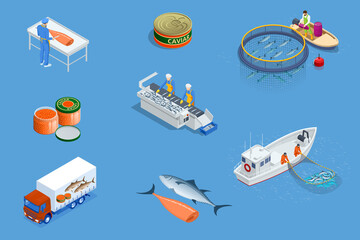 Isometric Fish industry seafood concept. Commercial fishing. Sea fishing, ship marine industry, fish boat.