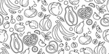 Fototapeta Kosmos - Exotic hawaiian fruit black line seamless pattern. Pomegranate, peach mandarin, apple kiwi wallpaper tropical summer texture. Hand drawn fruit wallpaper webdesign. Isolated vector illustration
