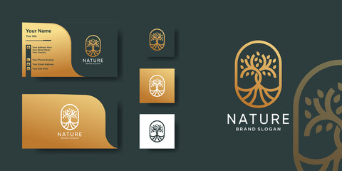 Nature logo template with creative golden line art concept and business card design Premium Vector