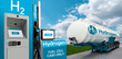 Tank trailer with hydrogen and H2 filling station on the background of a green field and blue sky. Renewable energy	