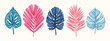 Collection of blue and pink tropical leaves and plants isolated on white background. Vector Hand Drawn Sketch Botanical Illustration. Highly detailed plant collection. Palm leaves. Exotic. Vintage
