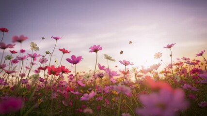 cosmos blooming at dusk, beautiful butterflies flying around, colorful flowers and grass
