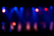 © NVB Stocker - Defocused entertainment concert lighting on stage. Blue Stage Lights. Colorful bright stage lights in concert. Bokeh Banner background.