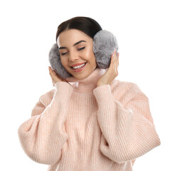 Sticker - Beautiful young woman wearing earmuffs on white background