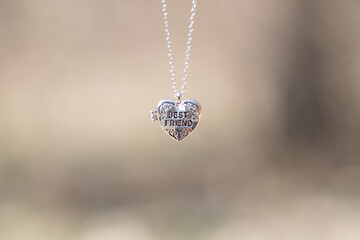 Canvas Print - Pendant Best Friend heart necklace shoot outside in a summer day closeup. Selective Focus. High quality photo